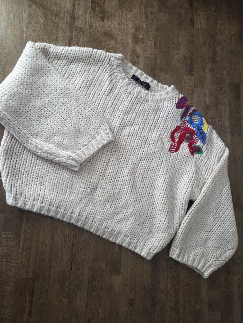 Zara Knit Chunky Oversized Embroidered Versatile Cream Cozy Sweater